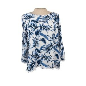 Paper Moon Womens Blue White Tropical Palm Leaf Pom Pom Trim Blouse Size M